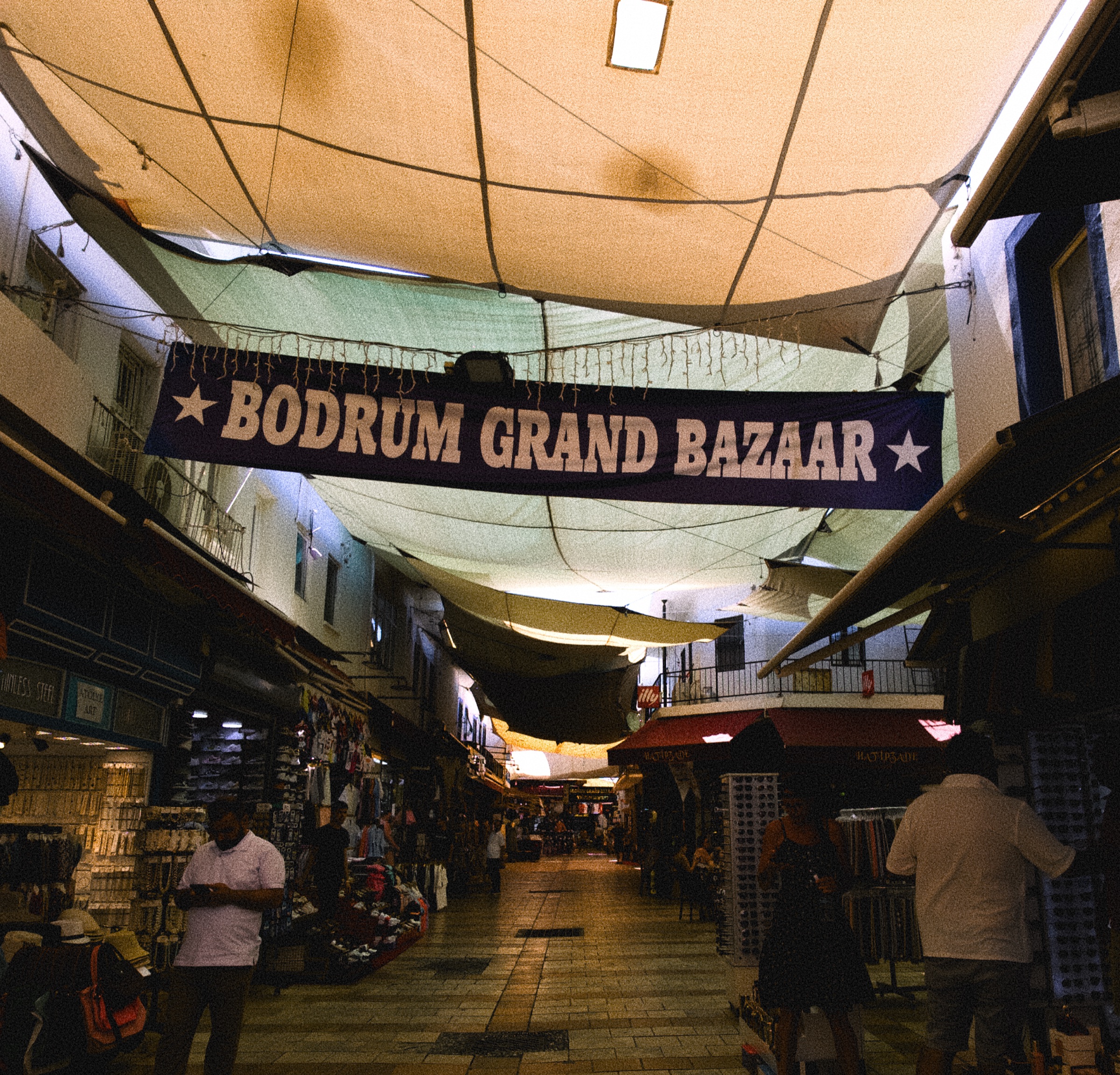 Covered lane and sign at Bodrum Grand Bazaar
