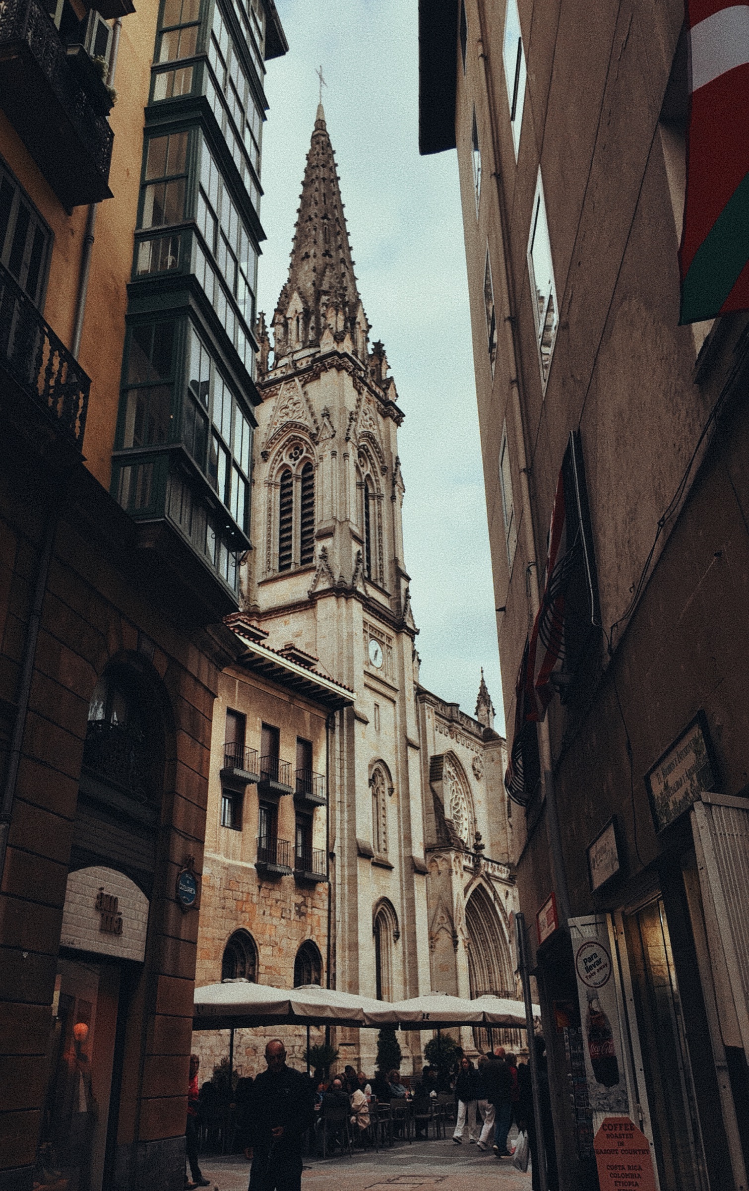 Santiago Cathedral rising between the narrow streets of Bilbao